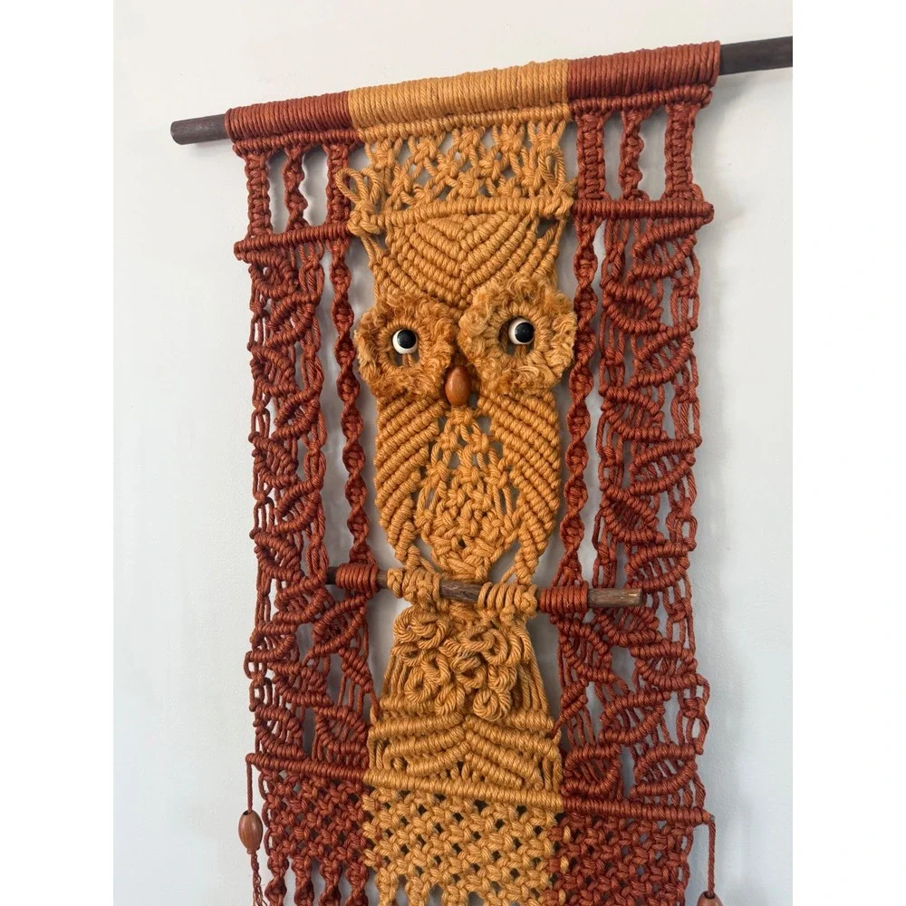 Vintage 70s Macrame Owl Wall Hanging Boho Fiber Art Terracotta Mustard Rust